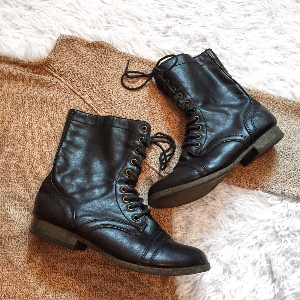 Black Leather Lace Up Combat Boots